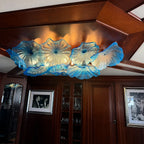 Large Blue Murano-Style Glass Lotus Plate Ceiling Light Sculptural Floral Disc Chandelier