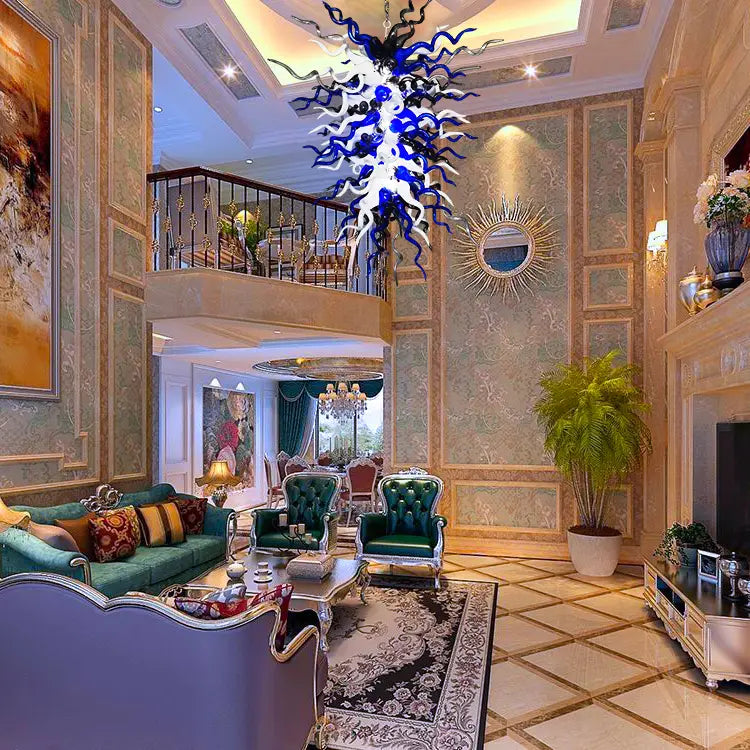 Midnight Nebula Blown Tentacle Glass Art Chandelier Luxury Blue Black and White Sculptural Pendant Light