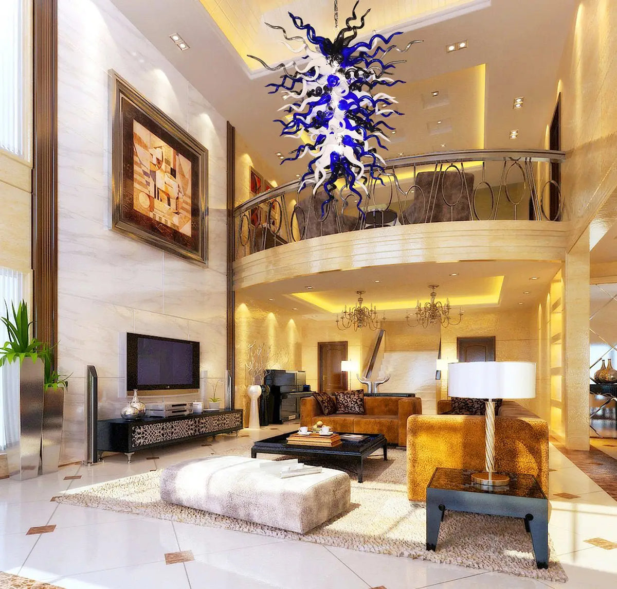 Midnight Nebula Blown Tentacle Glass Art Chandelier Luxury Blue Black and White Sculptural Pendant Light
