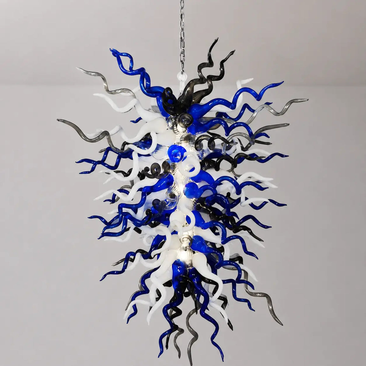 Midnight Nebula Blown Tentacle Glass Art Chandelier Luxury Blue Black and White Sculptural Pendant Light