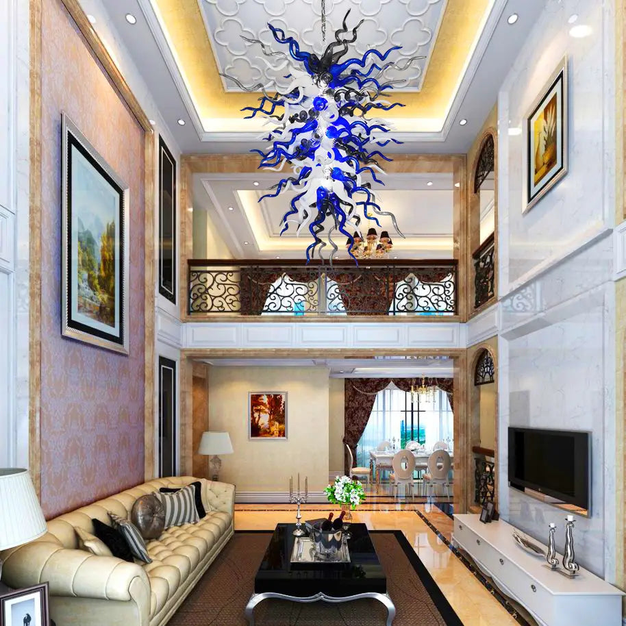 Midnight Nebula Blown Tentacle Glass Art Chandelier Luxury Blue Black and White Sculptural Pendant Light