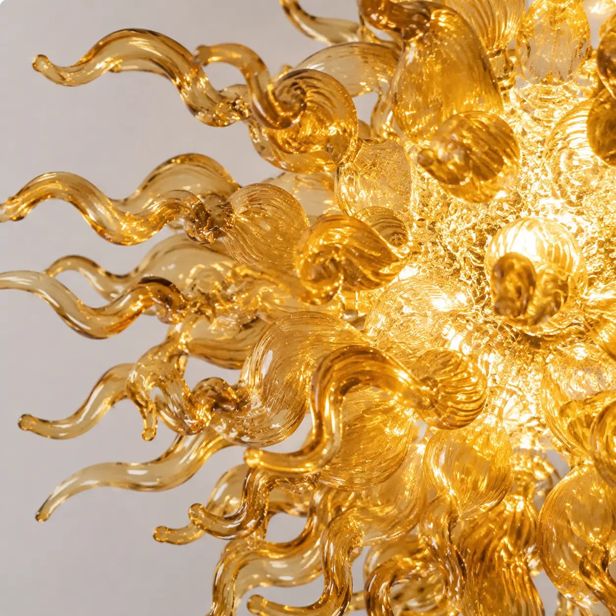 Golden Sun Rising Blown Glass Chandelier Artistic Sculptural Pendant Light with Handcrafted Glass Rays