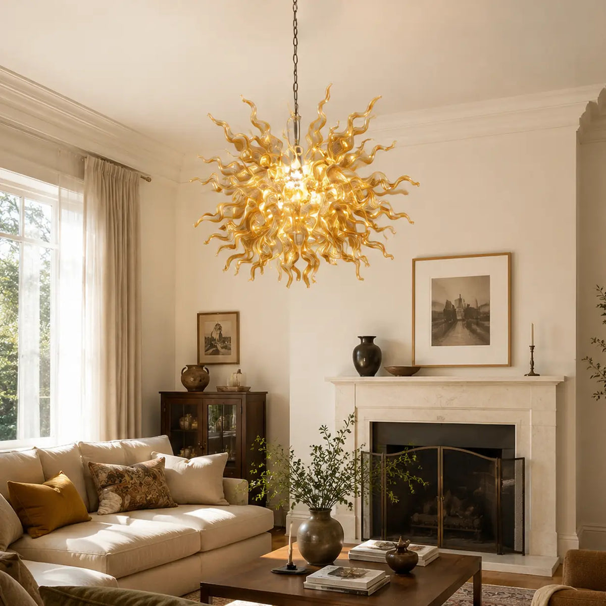 Golden Sun Rising Blown Glass Chandelier Artistic Sculptural Pendant Light with Handcrafted Glass Rays