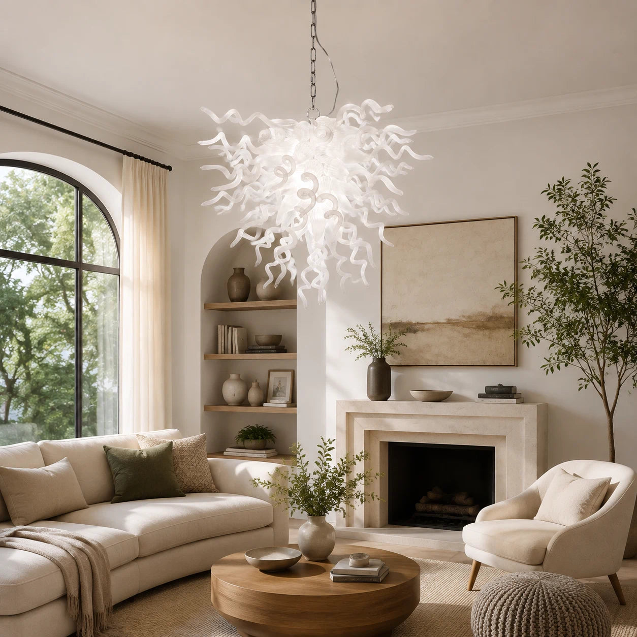 Artisan Hand-Blown White Glass Art Chandelier Modern Sculptural Pendant Light Fixture