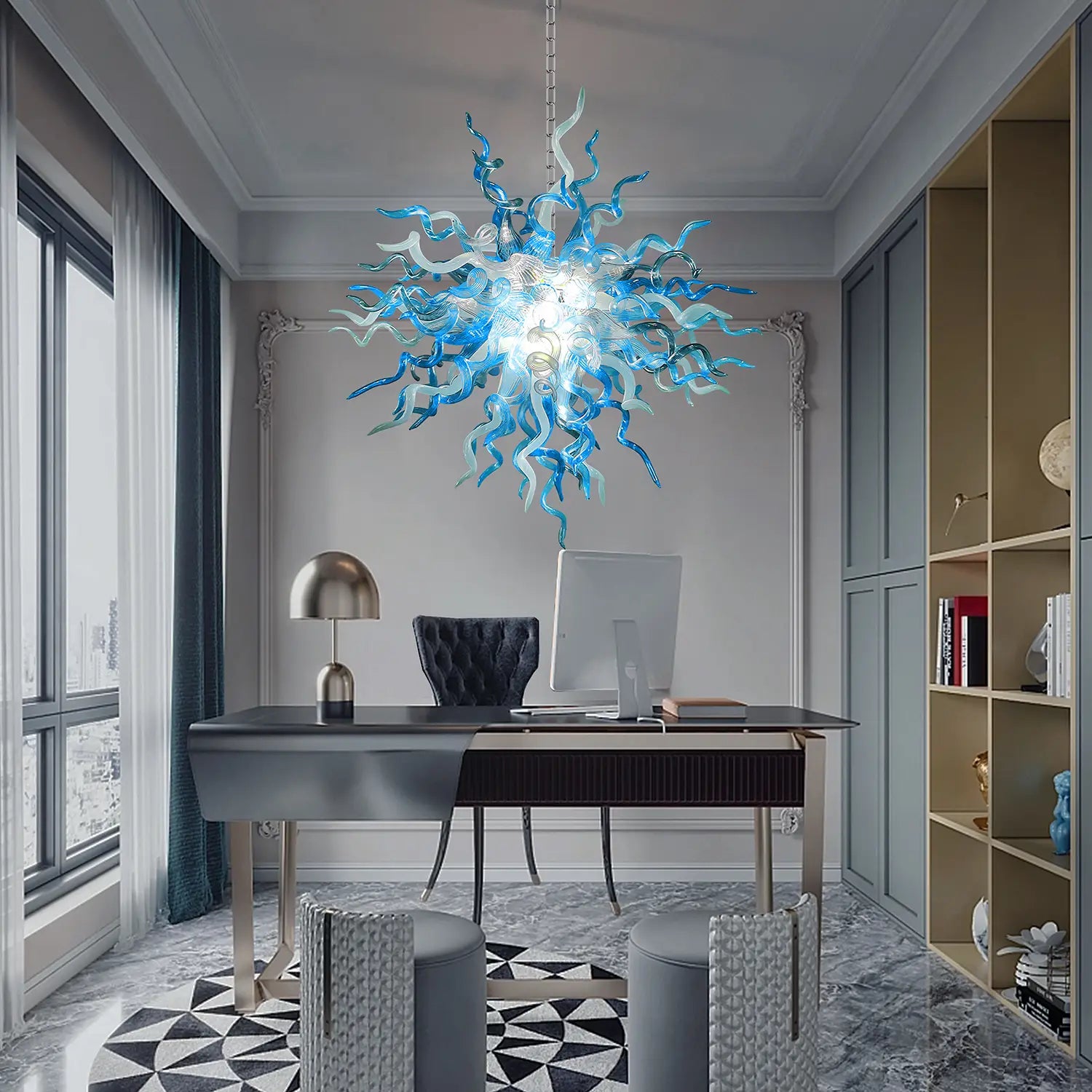 Artisan Blown Twisted Glass Chandelier Glacial Azure Organic Glass Sculpture Light Unique Tentacle Hanging Glass Lamp