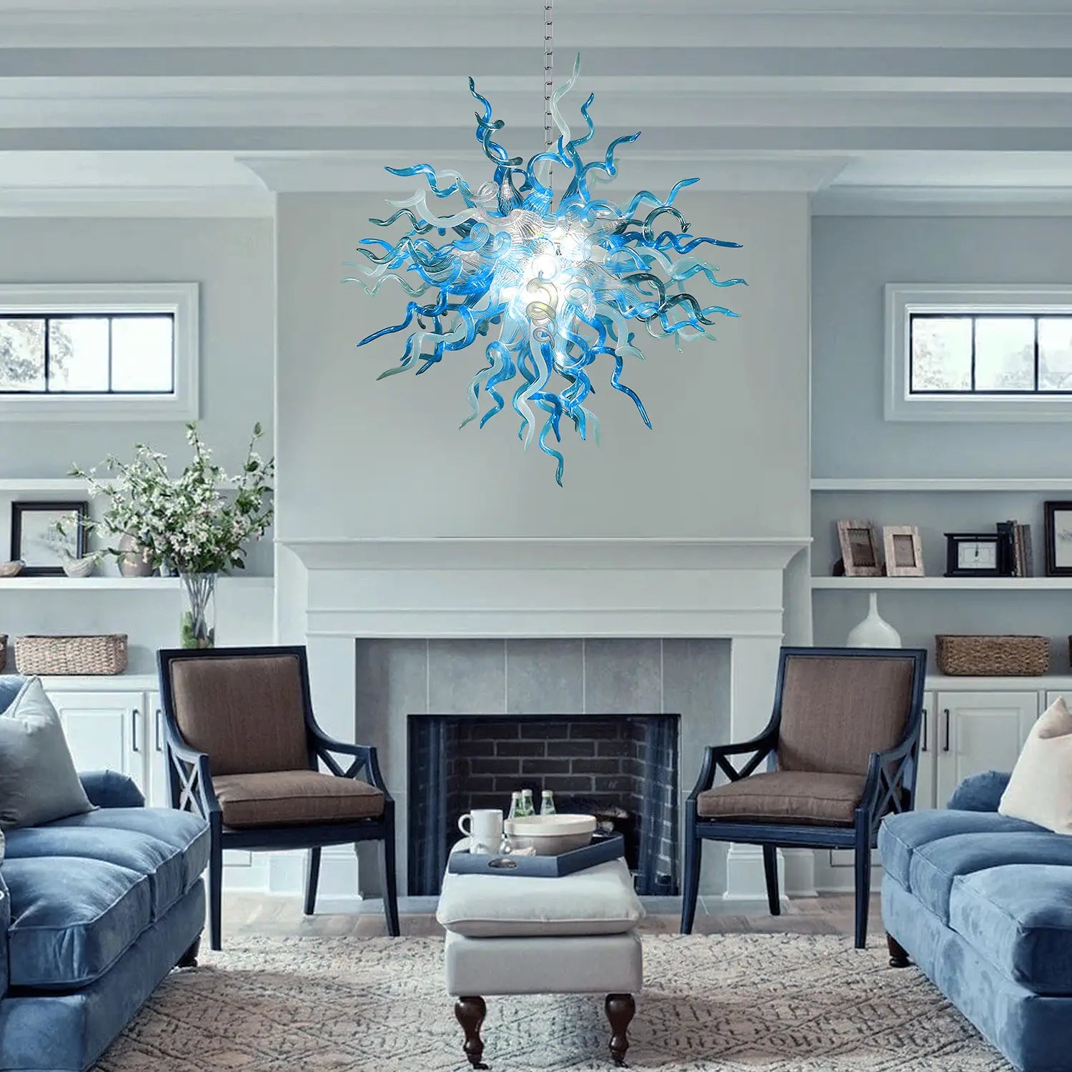 Artisan Blown Twisted Glass Chandelier Glacial Azure Organic Glass Sculpture Light Unique Tentacle Hanging Glass Lamp