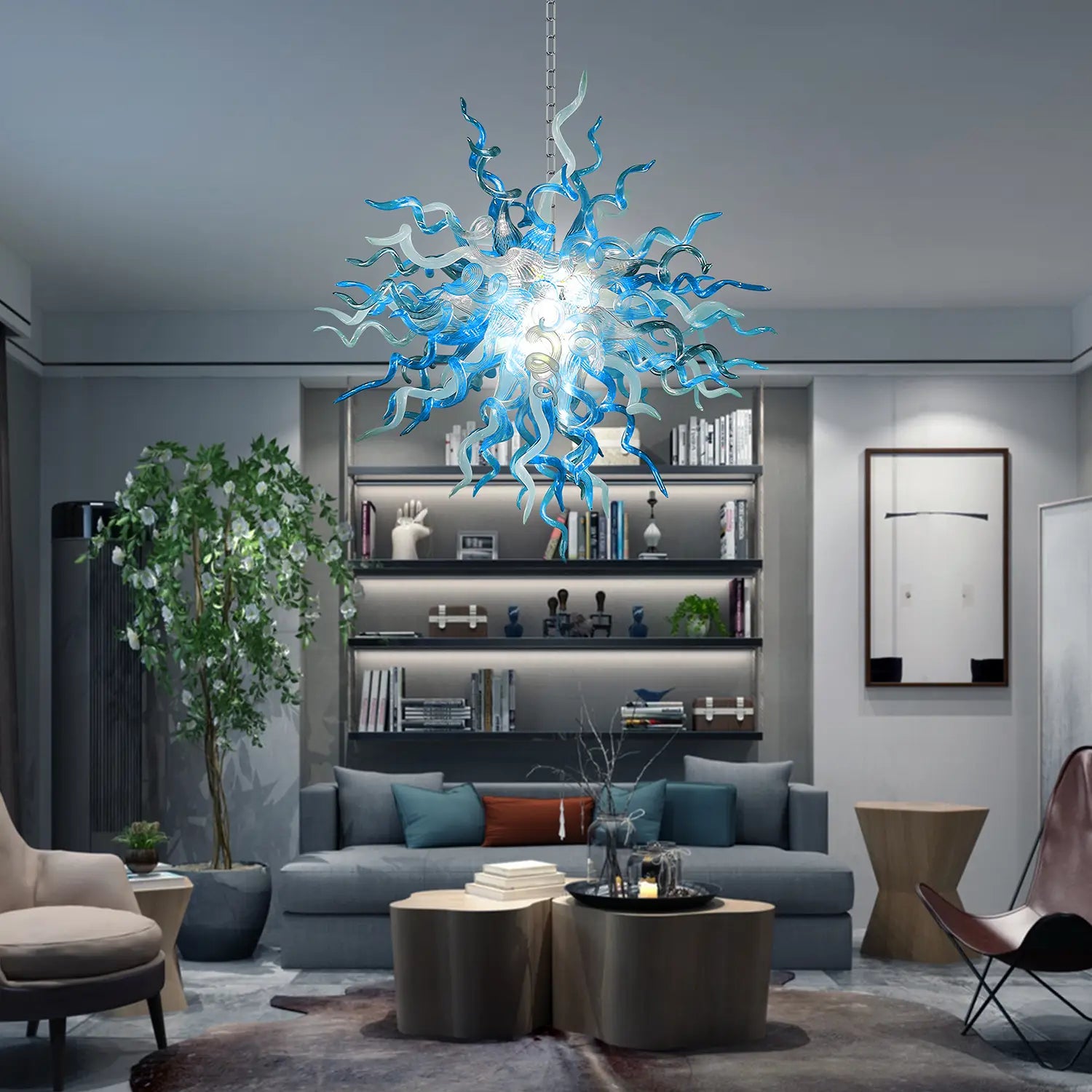 Artisan Blown Twisted Glass Chandelier Glacial Azure Organic Glass Sculpture Light Unique Tentacle Hanging Glass Lamp