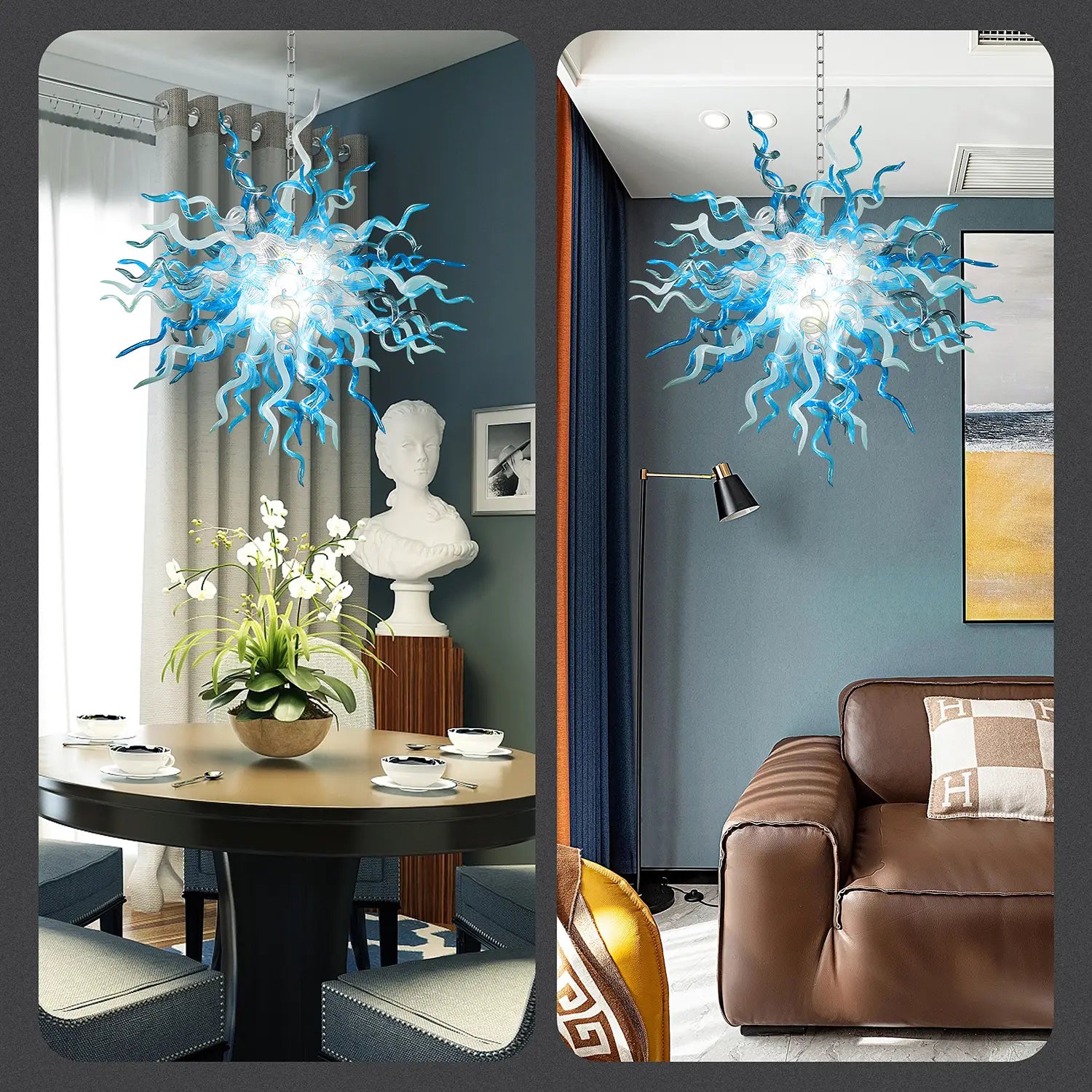 Artisan Blown Twisted Glass Chandelier Glacial Azure Organic Glass Sculpture Light Unique Tentacle Hanging Glass Lamp