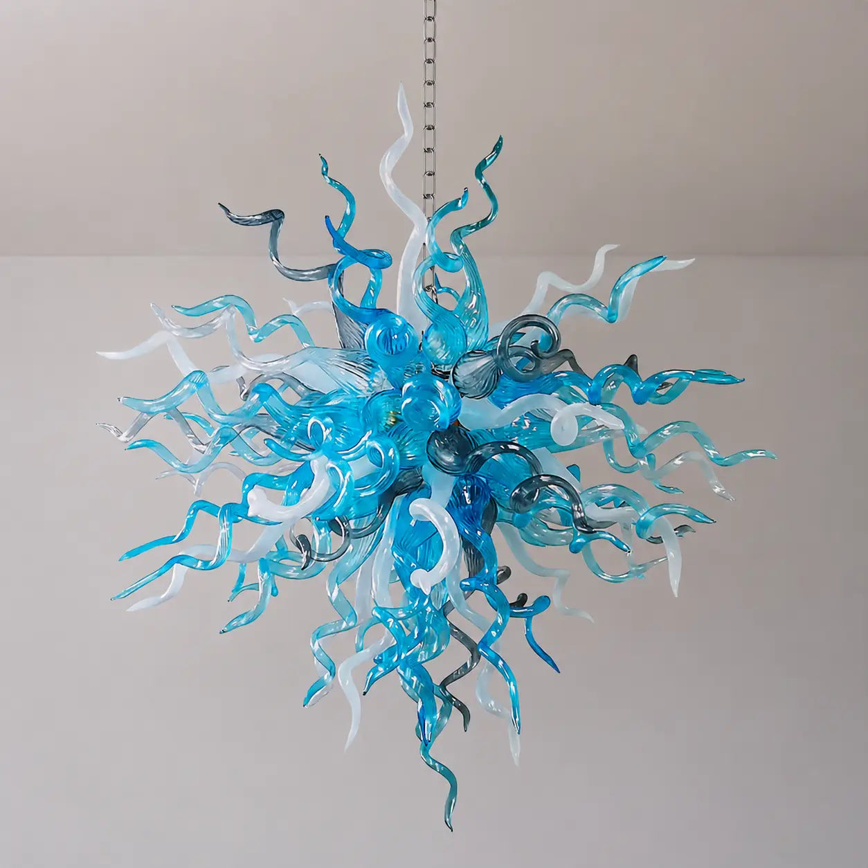 Artisan Blown Twisted Glass Chandelier Glacial Azure Organic Glass Sculpture Light Unique Tentacle Hanging Glass Lamp
