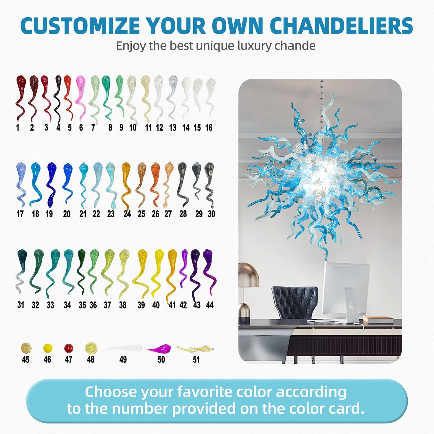 Artisan Blown Twisted Glass Chandelier Glacial Azure Organic Glass Sculpture Light Unique Tentacle Hanging Glass Lamp