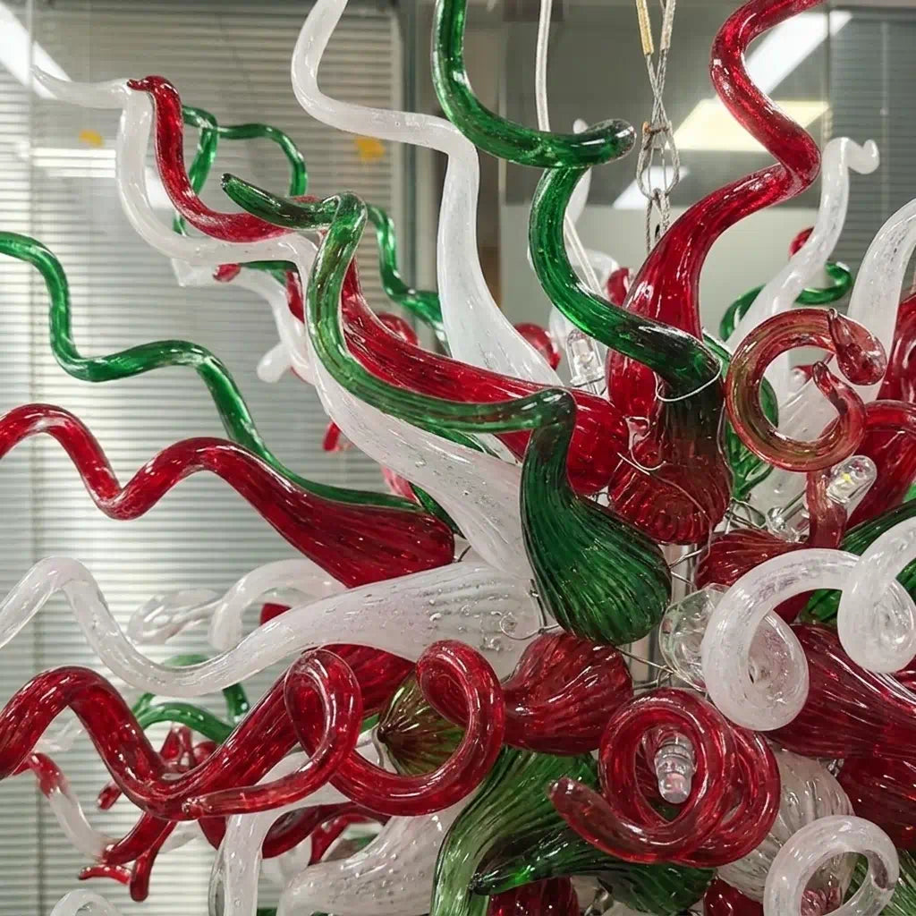 Enchanted Forest Hand-Blown Glass Art Chandelier Large Multicolor Chihuly-Style Pendant Light For Entryways Stairwells