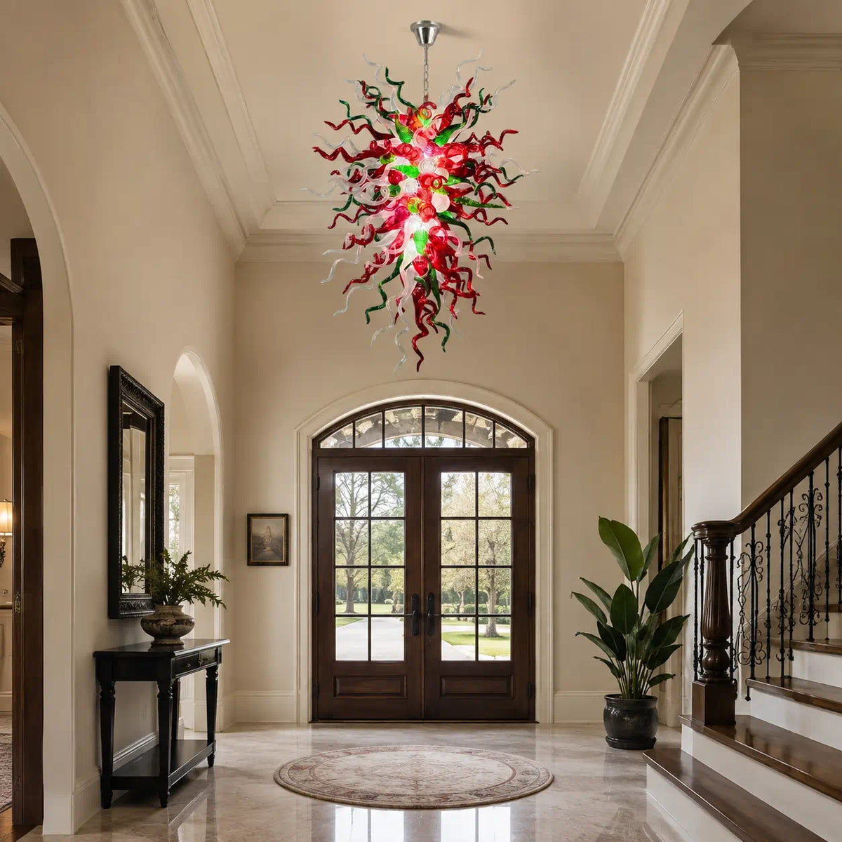 Enchanted Forest Hand-Blown Glass Art Chandelier Large Multicolor Chihuly-Style Pendant Light For Entryways Stairwells