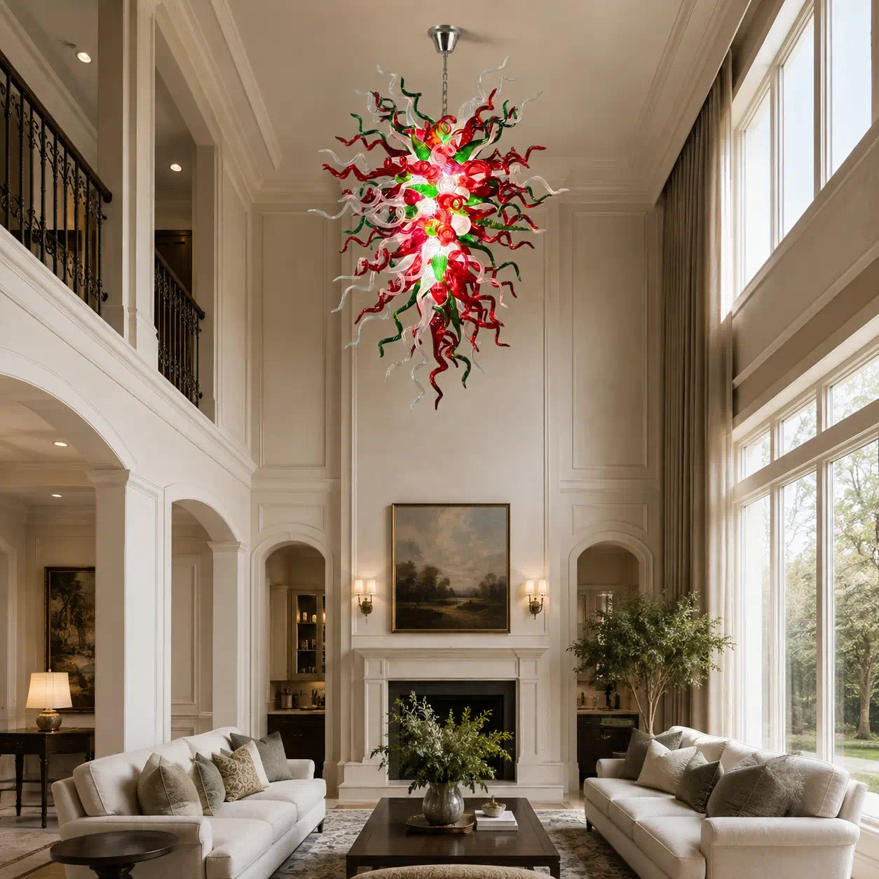 Enchanted Forest Hand-Blown Glass Art Chandelier Large Multicolor Chihuly-Style Pendant Light For Entryways Stairwells