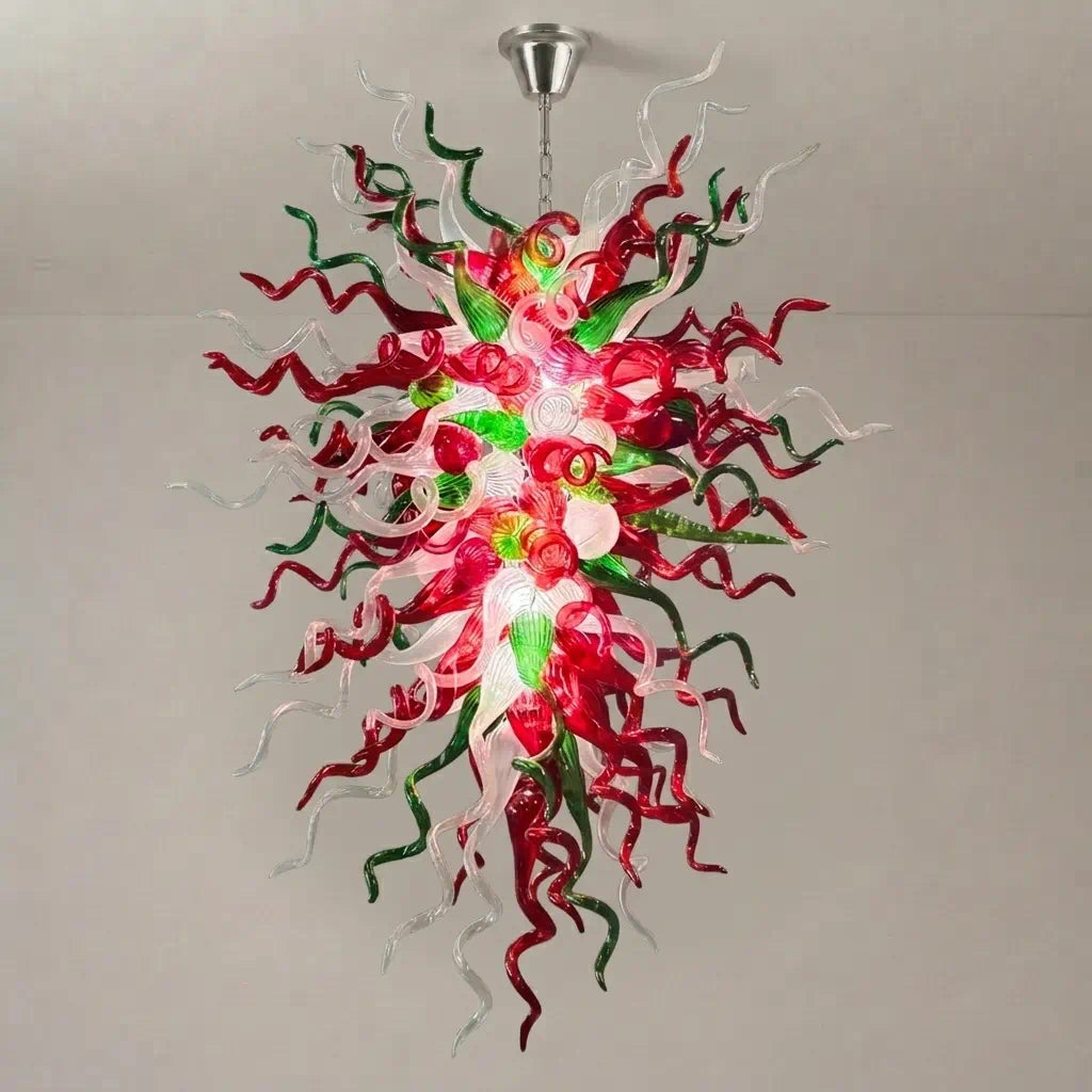 Enchanted Forest Hand-Blown Glass Art Chandelier Large Multicolor Chihuly-Style Pendant Light For Entryways Stairwells