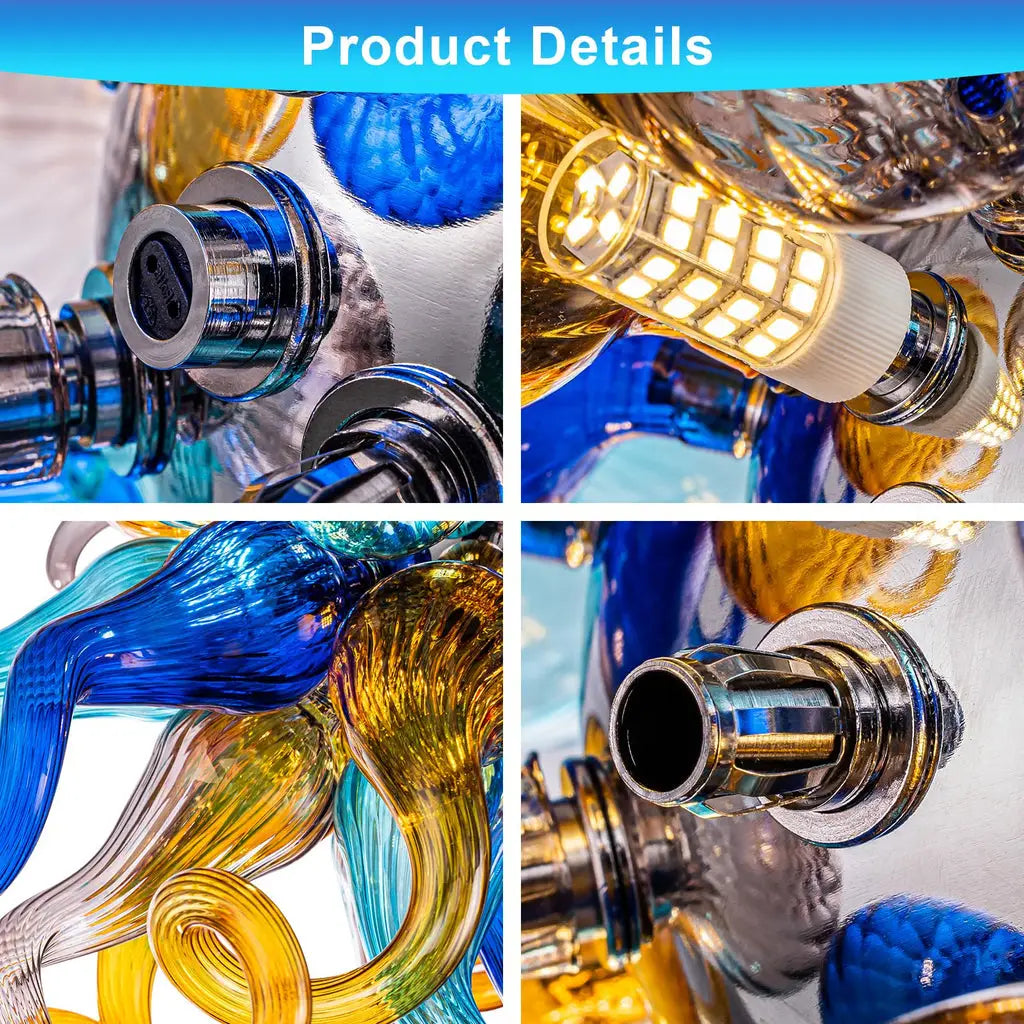 Celestial Burst Hand-Blown Glass Chandelier Blue Gold and Pastel Sculptural Tentacle Pendant Light