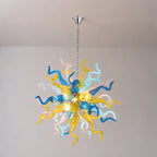 Celestial Burst Hand-Blown Glass Chandelier Blue Gold and Pastel Sculptural Tentacle Pendant Light