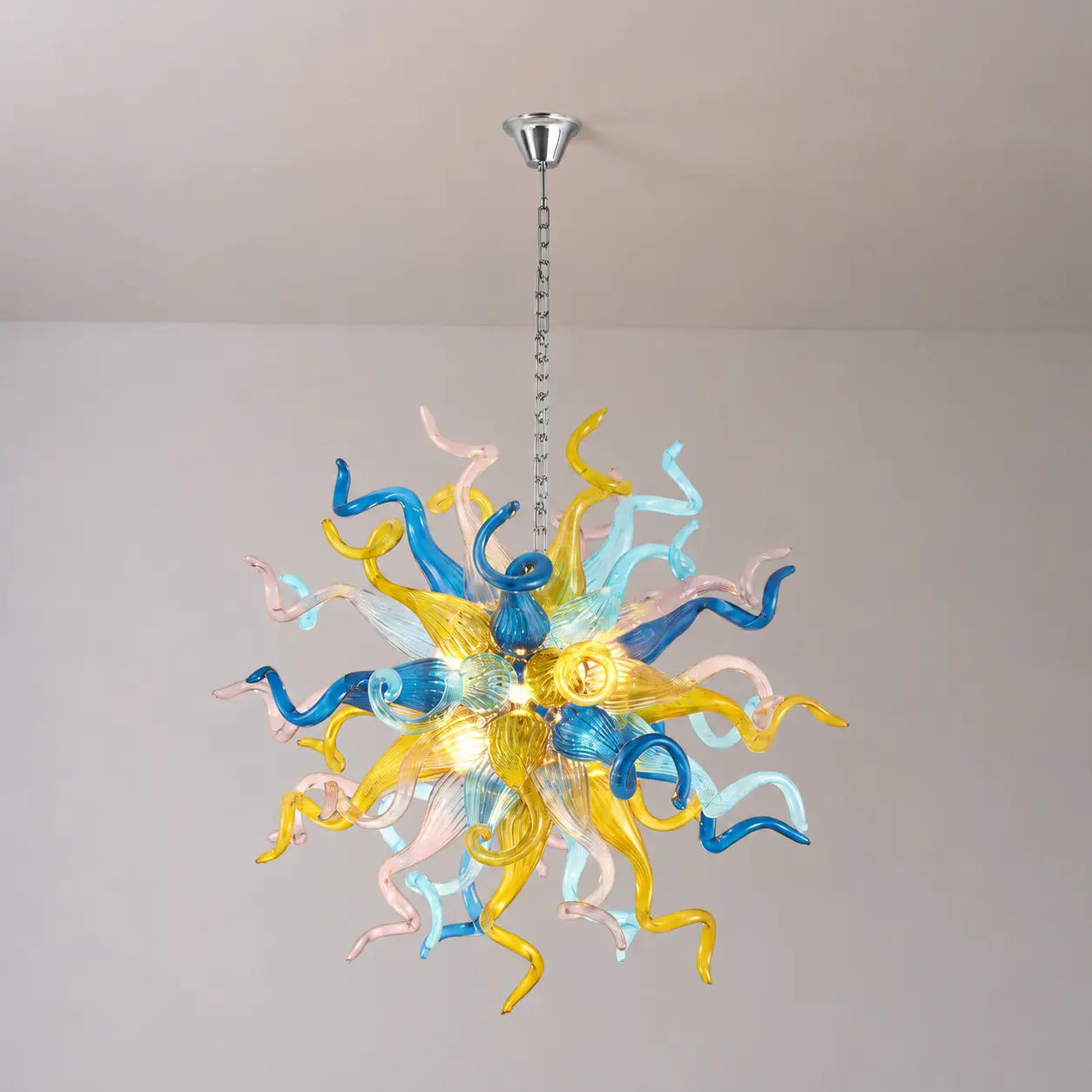 Celestial Burst Hand-Blown Glass Chandelier Blue Gold and Pastel Sculptural Tentacle Pendant Light
