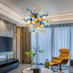 Celestial Burst Hand-Blown Glass Chandelier Blue Gold and Pastel Sculptural Tentacle Pendant Light