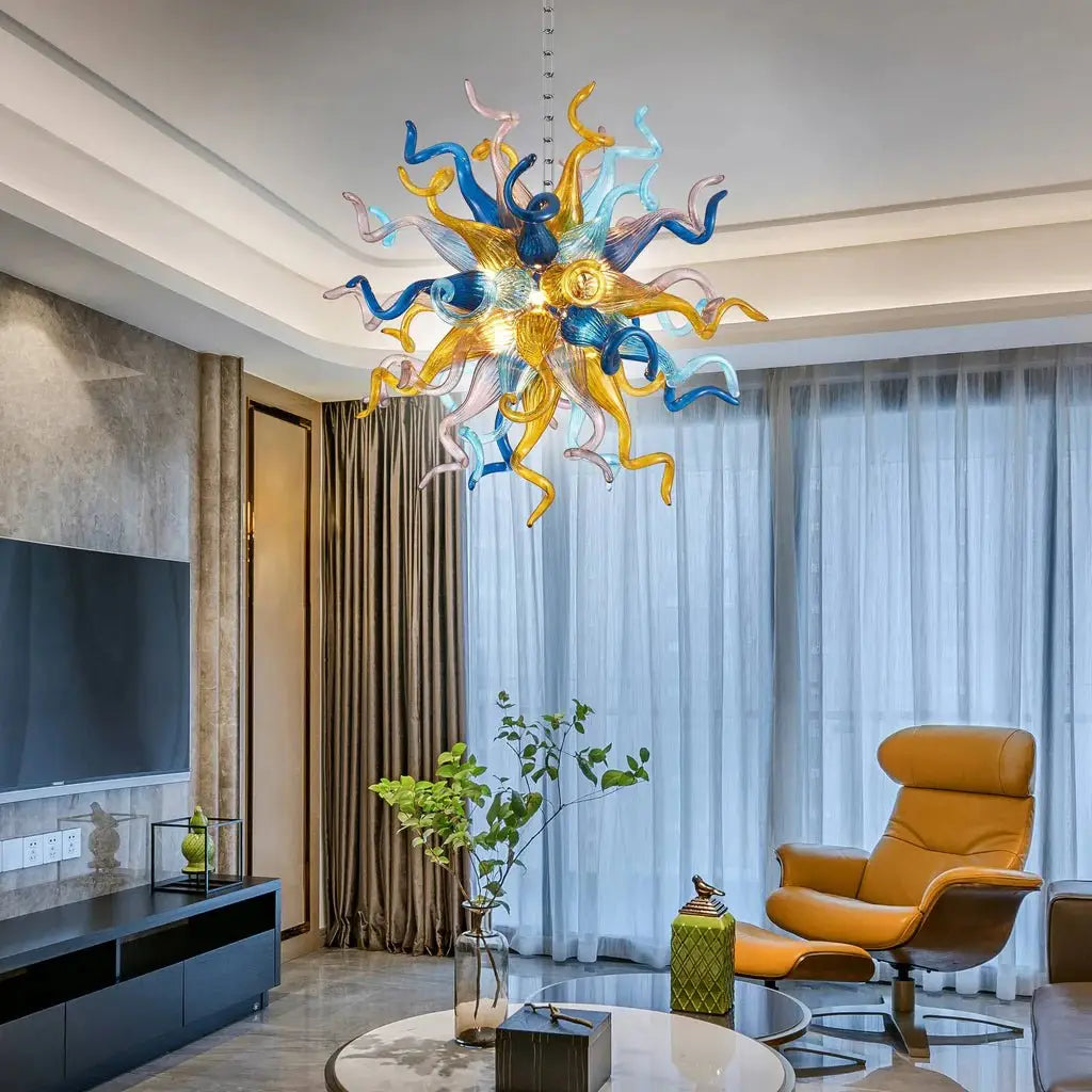 Celestial Burst Hand-Blown Glass Chandelier Blue Gold and Pastel Sculptural Tentacle Pendant Light