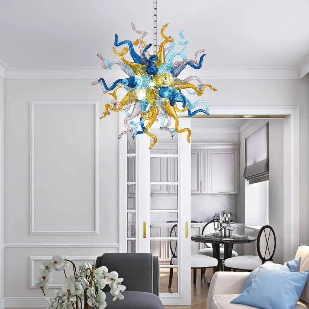 Celestial Burst Hand-Blown Glass Chandelier Blue Gold and Pastel Sculptural Tentacle Pendant Light