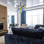 Celestial Burst Hand-Blown Glass Chandelier Blue Gold and Pastel Sculptural Tentacle Pendant Light