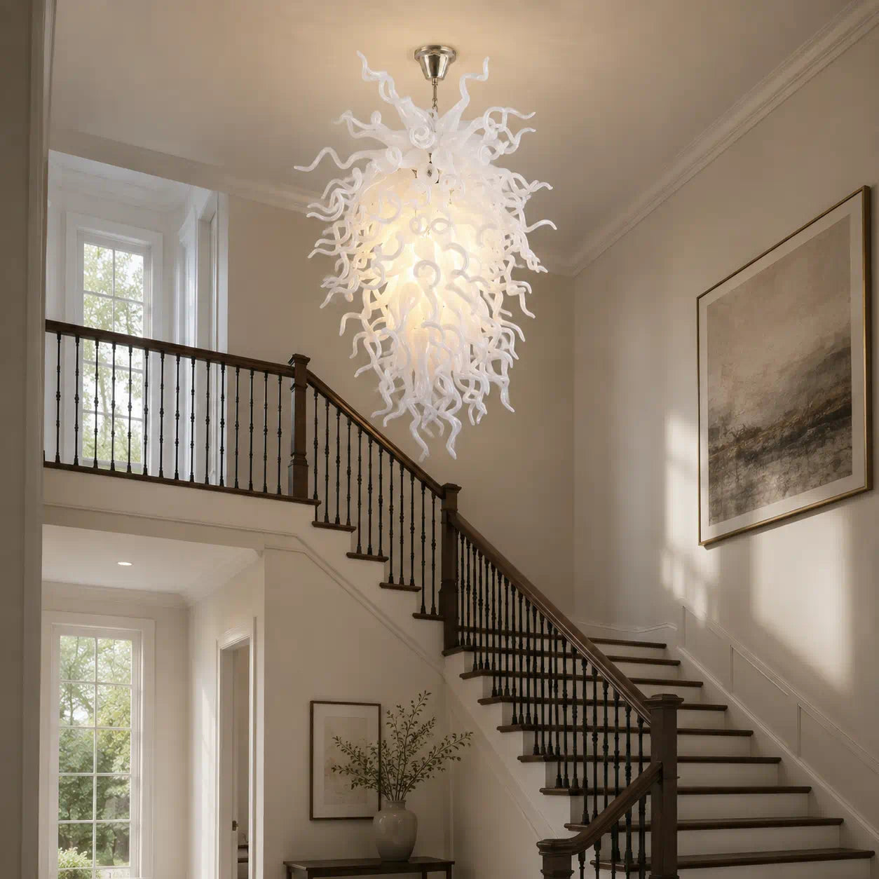 Modern Pure White Hand-Blown Sculptural Glass Art Chandelier Large Chihuly-Style Pendant Light For High-Ceiling Spaces