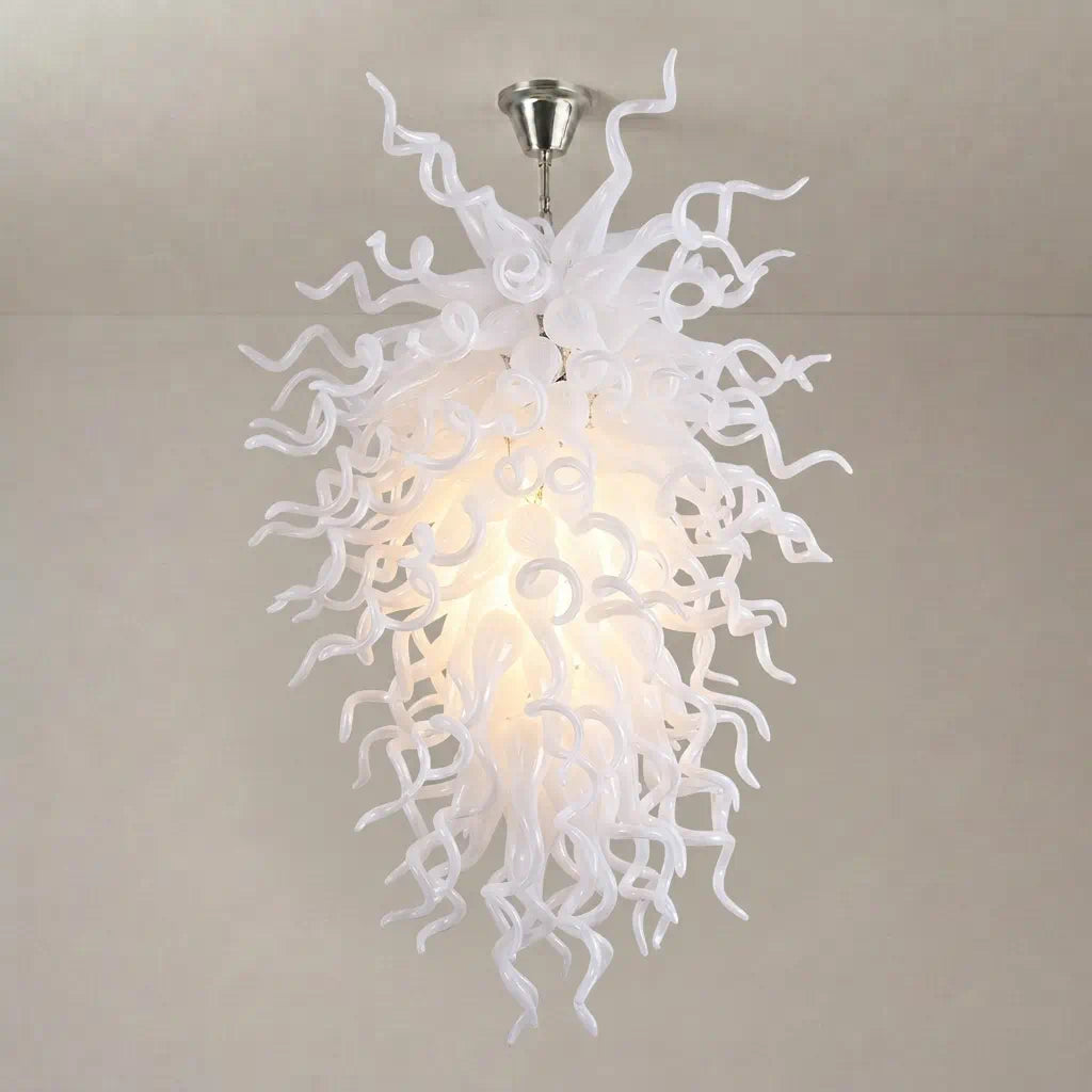 Modern Pure White Hand-Blown Sculptural Glass Art Chandelier Large Chihuly-Style Pendant Light For High-Ceiling Spaces