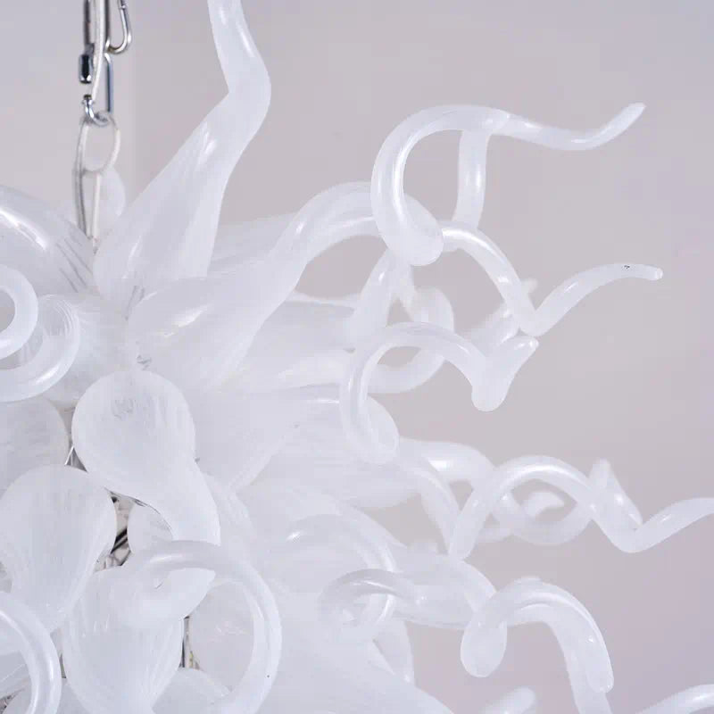 Modern Pure White Hand-Blown Sculptural Glass Art Chandelier Large Chihuly-Style Pendant Light For High-Ceiling Spaces