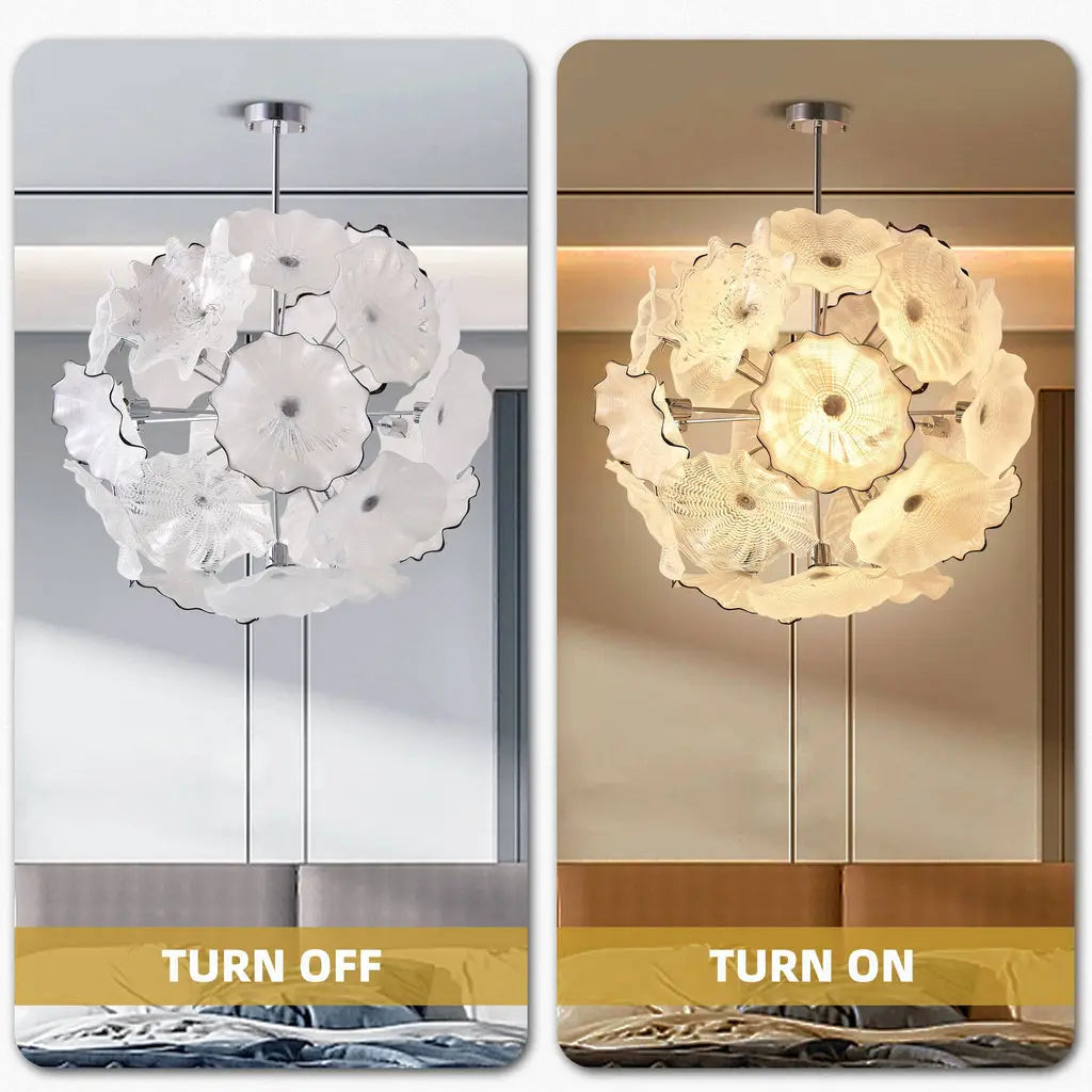 Round Murano Style Glass Plate Chandelier Modern Ivory White Floral Disc Ceiling Pendant Light