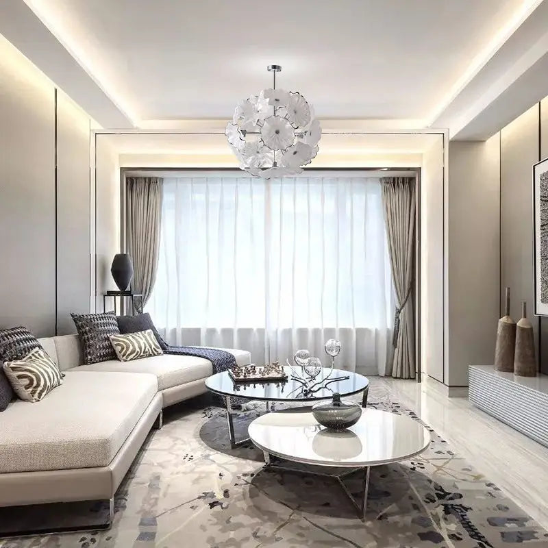 Round Murano Style Glass Plate Chandelier Modern Ivory White Floral Disc Ceiling Pendant Light