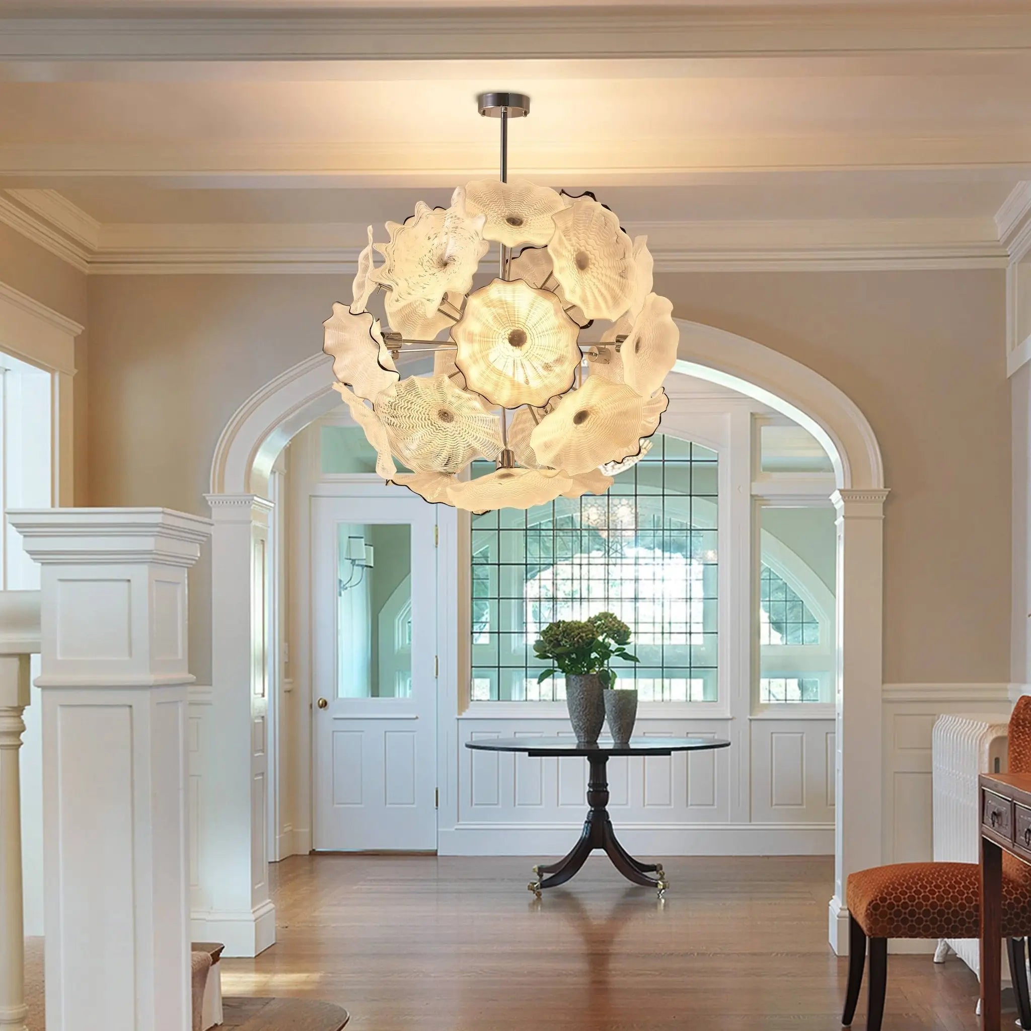 Round Murano Style Glass Plate Chandelier Modern Ivory White Floral Disc Ceiling Pendant Light