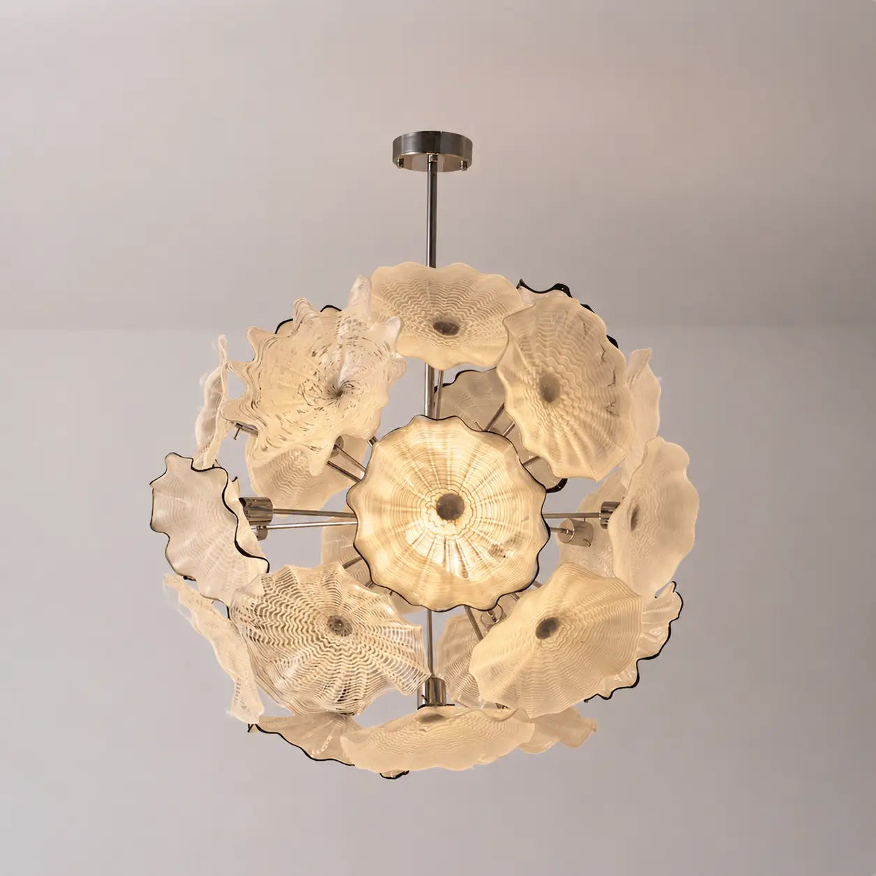 Round Murano Style Glass Plate Chandelier Modern Ivory White Floral Disc Ceiling Pendant Light