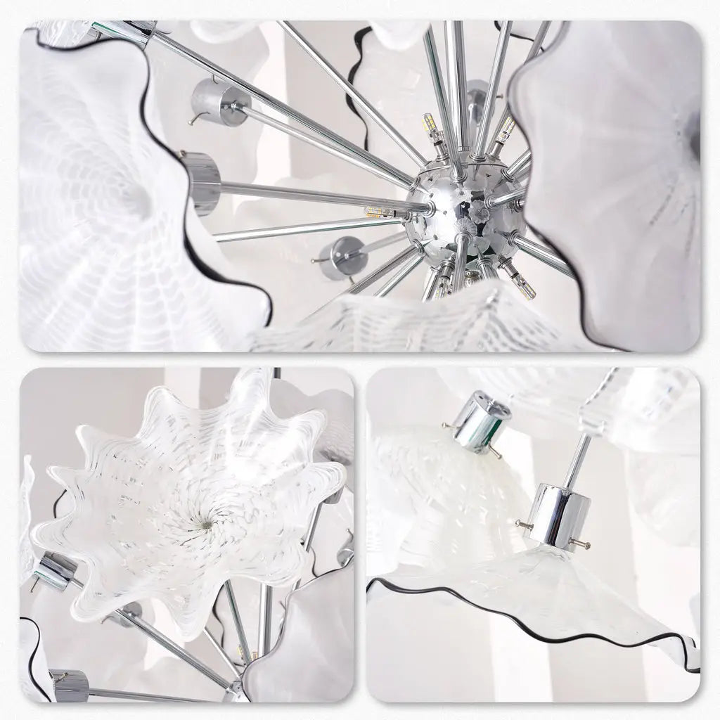 Round Murano Style Glass Plate Chandelier Modern Ivory White Floral Disc Ceiling Pendant Light