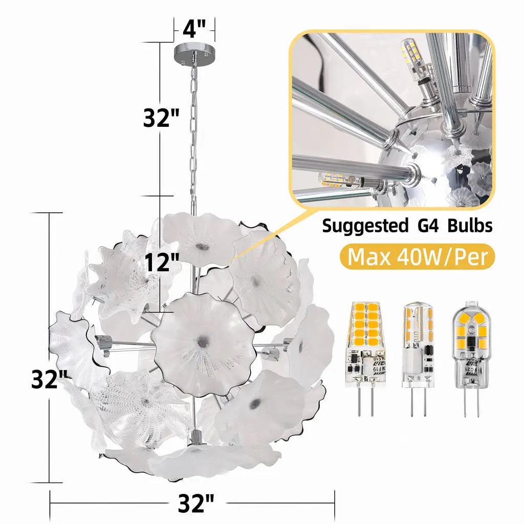 Round Murano Style Glass Plate Chandelier Modern Ivory White Floral Disc Ceiling Pendant Light