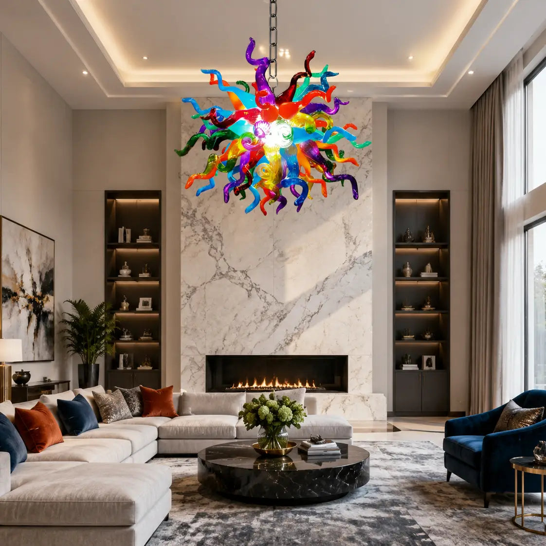 Multicolor Starburst Hand-Blown Glass Art Chandelier Chihuly-Style Colorful Tentacle Hanging Glass Sculpture Light
