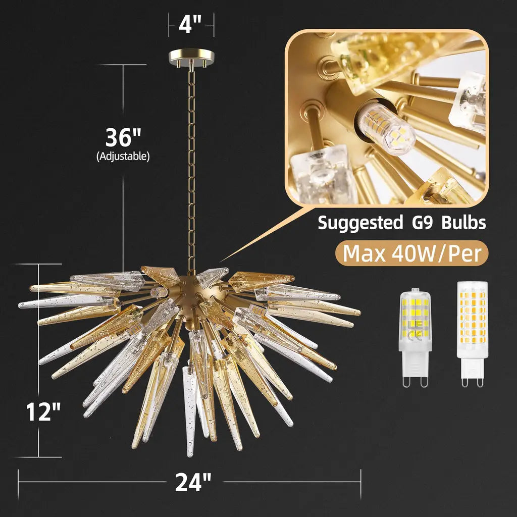 Modern Gold Starburst Hand-Blown Glass Chandelier Sting Half-Sphere Sculptural Pendant Light