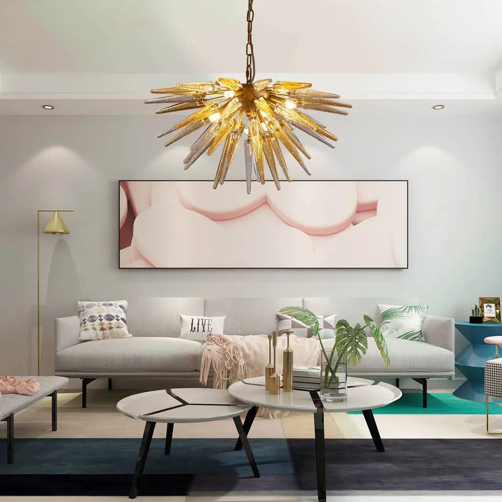 Modern Gold Starburst Hand-Blown Glass Chandelier Sting Half-Sphere Sculptural Pendant Light