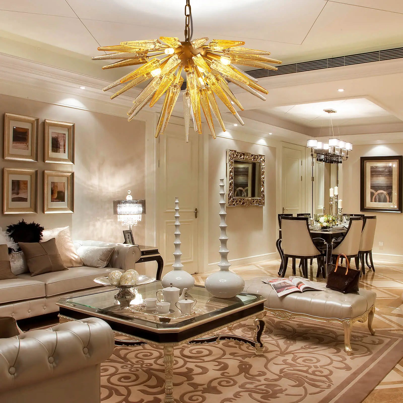 Modern Gold Starburst Hand-Blown Glass Chandelier Sting Half-Sphere Sculptural Pendant Light