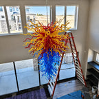 Large Multicolor Blown Art Glass Chandelier Sculptural Inverted Cone Pendant Light For Grand Entryways Foyers