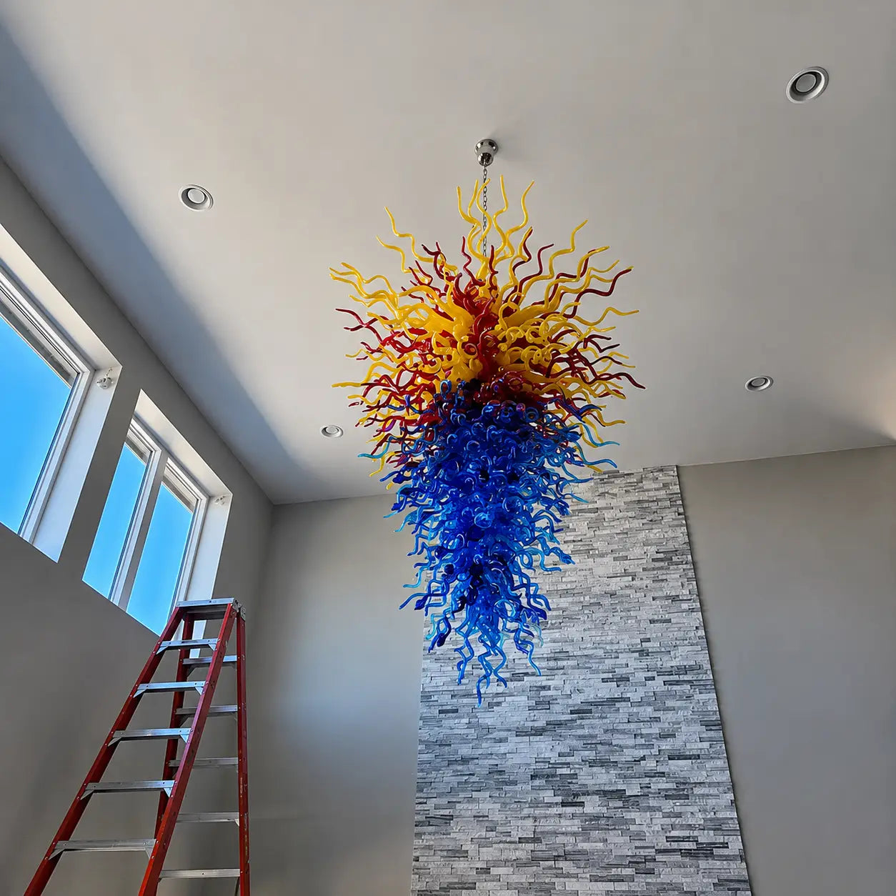 Large Multicolor Blown Art Glass Chandelier Sculptural Inverted Cone Pendant Light For Grand Entryways Foyers