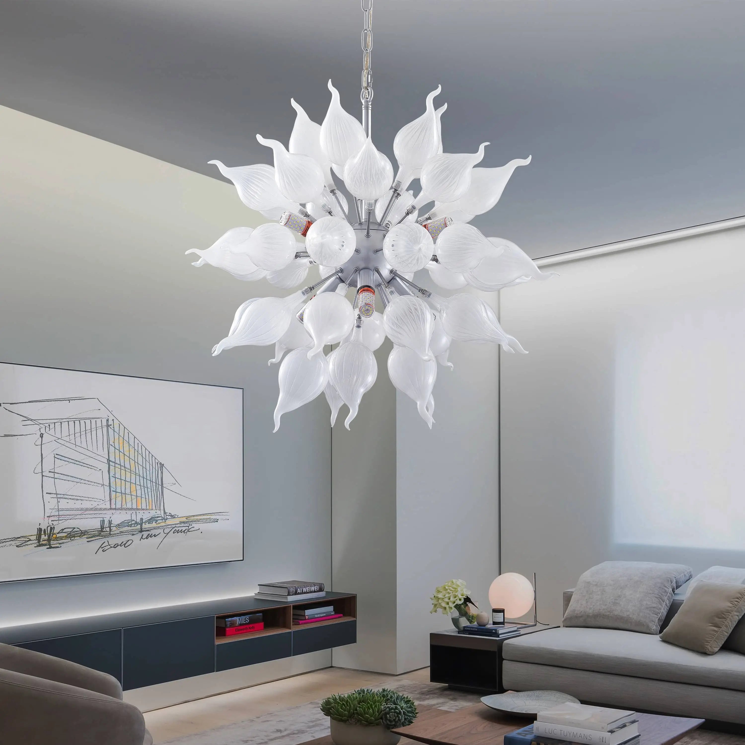 Modern Hand-Blown White Sputnik Starburst Chandelier Onion-Shaped Glass Pendant Light
