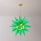 Ribbed Green Artisan Blown Glass Starburst Chandelier Sputnik Sea Urchin Inspired Pendant Light