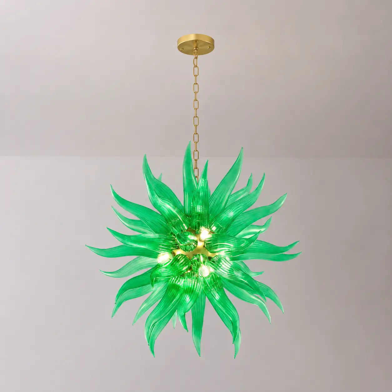 Ribbed Green Artisan Blown Glass Starburst Chandelier Sputnik Sea Urchin Inspired Pendant Light