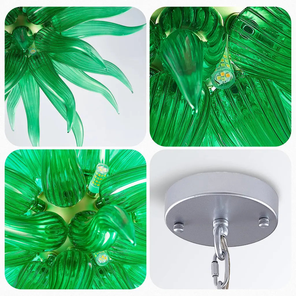 Ribbed Green Artisan Blown Glass Starburst Chandelier Sputnik Sea Urchin Inspired Pendant Light