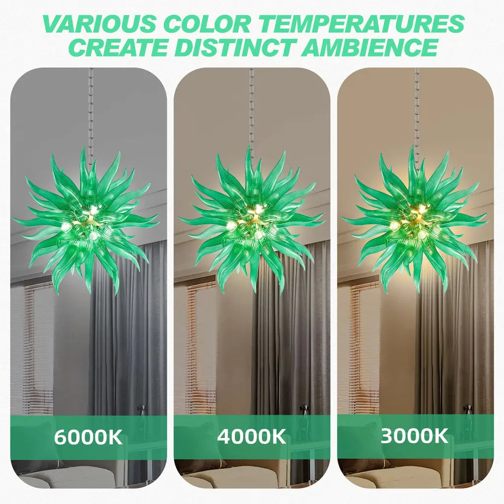 Ribbed Green Artisan Blown Glass Starburst Chandelier Sputnik Sea Urchin Inspired Pendant Light