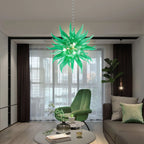 Ribbed Green Artisan Blown Glass Starburst Chandelier Sputnik Sea Urchin Inspired Pendant Light