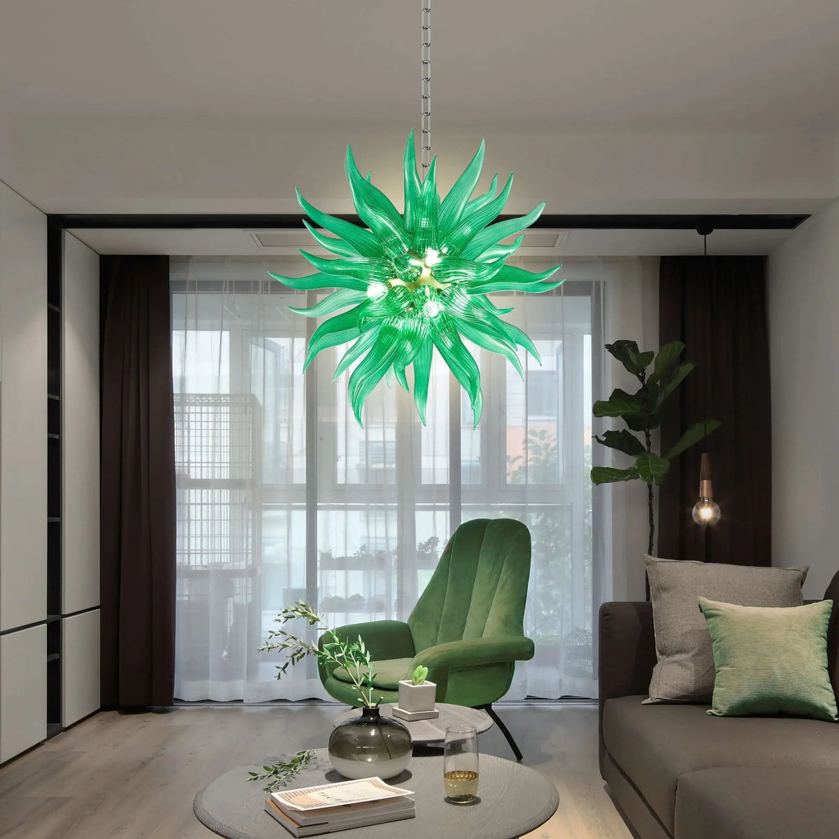 Ribbed Green Artisan Blown Glass Starburst Chandelier Sputnik Sea Urchin Inspired Pendant Light