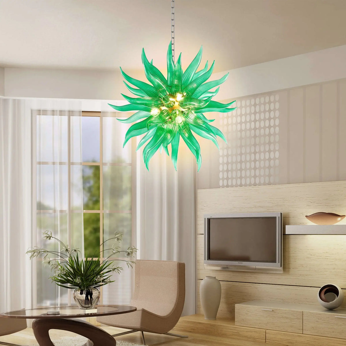 Ribbed Green Artisan Blown Glass Starburst Chandelier Sputnik Sea Urchin Inspired Pendant Light
