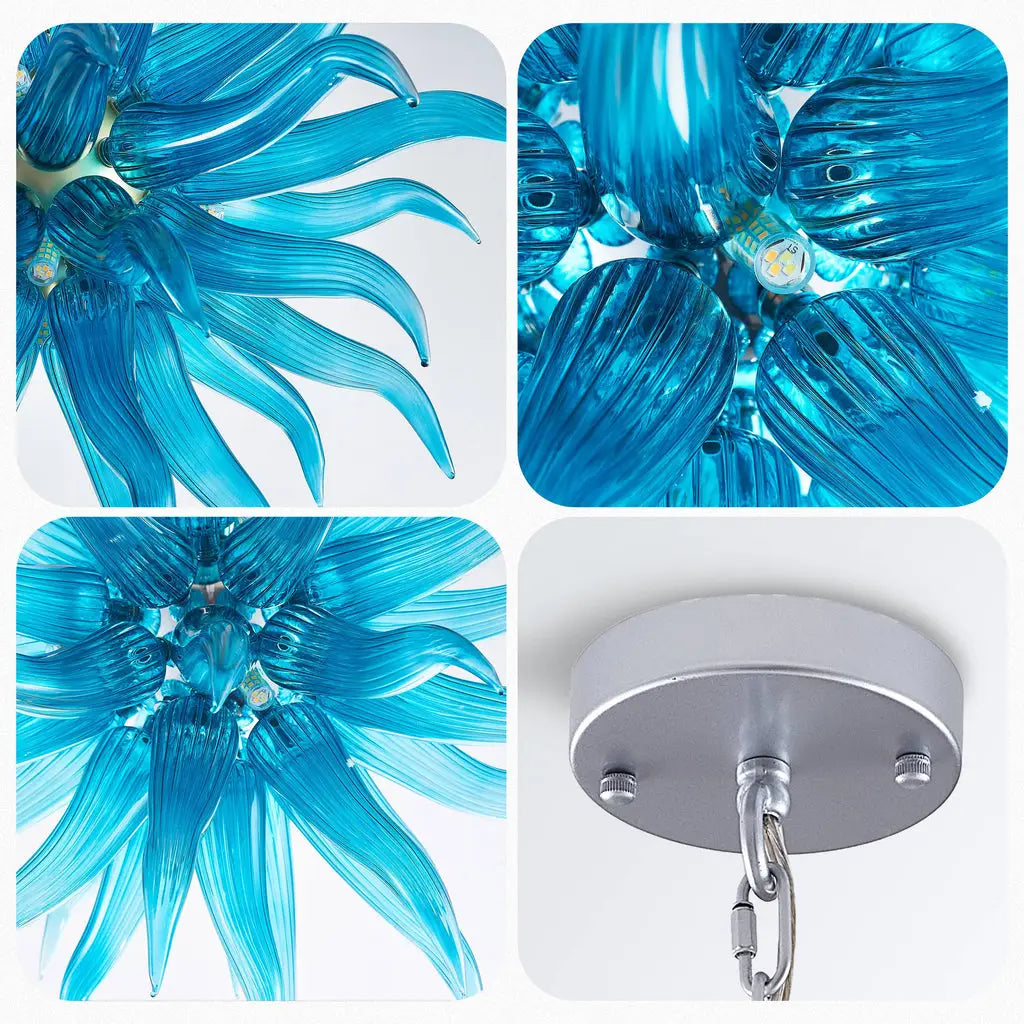 Modern Sputnik Starburst Hand-Blown Glass Chandelier Blue Artisan Sculptural Pendant Light