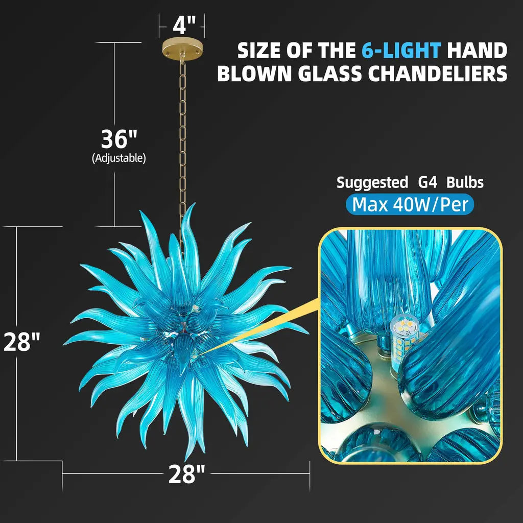 Modern Sputnik Starburst Hand-Blown Glass Chandelier Blue Artisan Sculptural Pendant Light